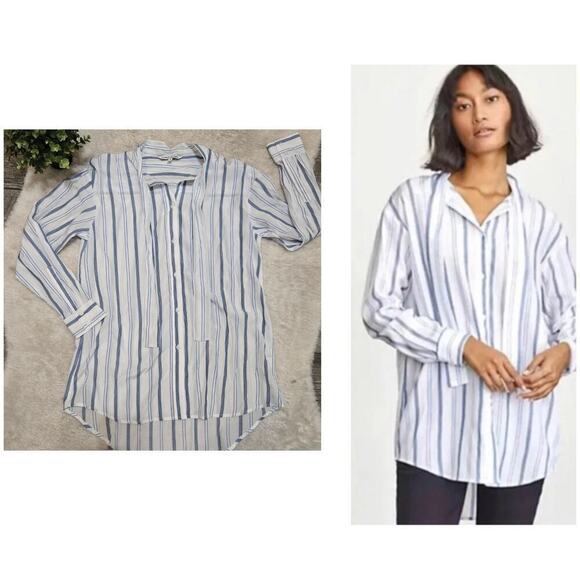 Elizabeth and James Blue and White Striped Tie Neck Button Up Blouse, Medium - Picture 1 of 8